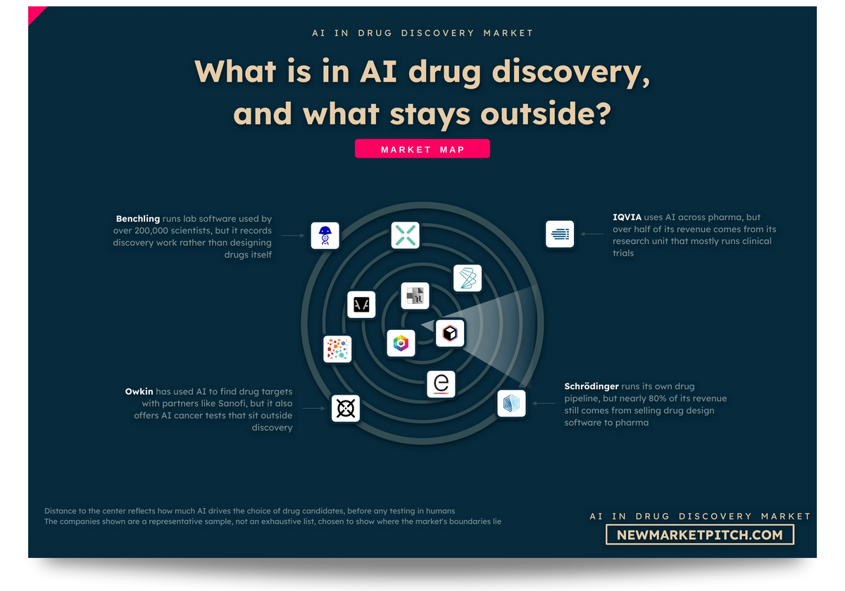 Radar map of the AI in drug discovery market showing which companies count as part of it, which sit on its edge and which stay outside: What is in AI drug discovery, and what stays outside? (AI in Drug Discovery Market, NewMarketPitch)