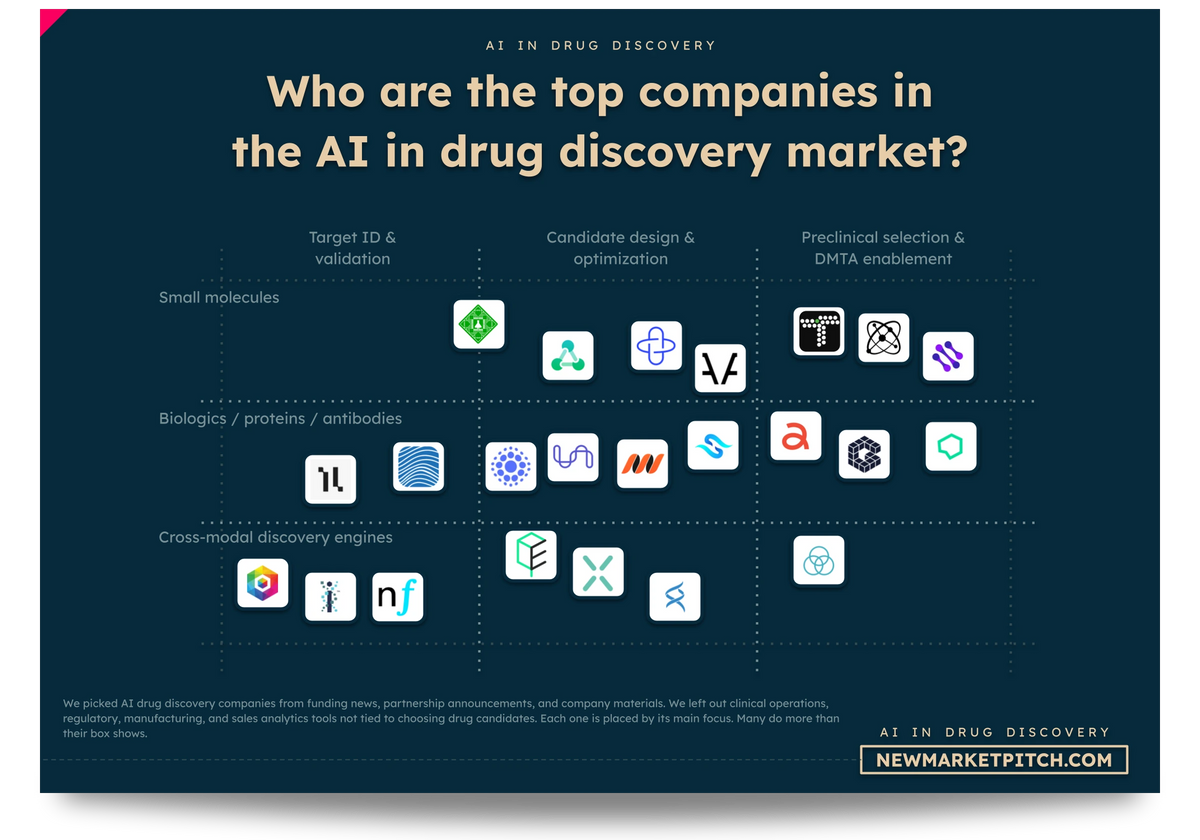 Market grid of the top AI in drug discovery startups and companies by segment: Who are the top companies in the AI in drug discovery market? (AI in Drug Discovery Market, NewMarketPitch)