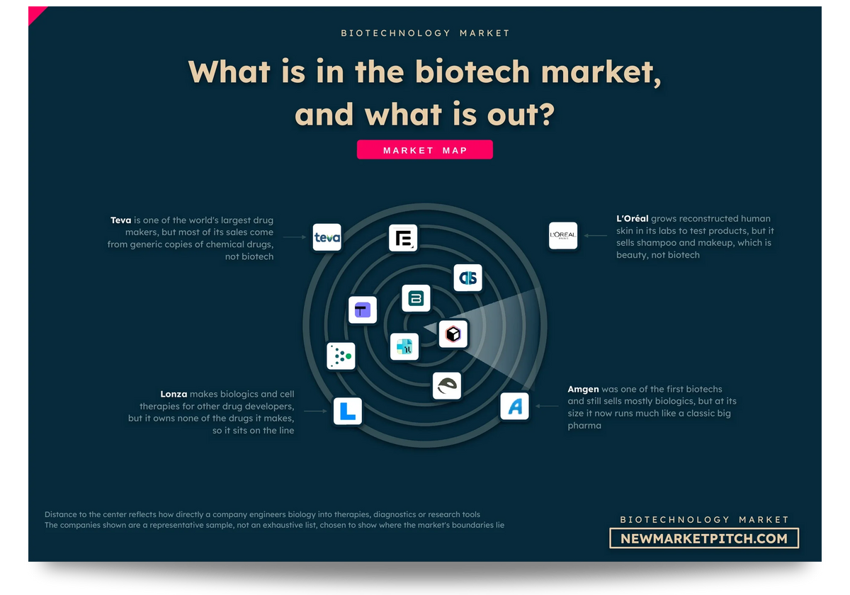Radar map of the biotechnology market showing which companies count as part of it, which sit on its edge and which stay outside: What is in the biotech market, and what is out? (Biotechnology Market, NewMarketPitch)