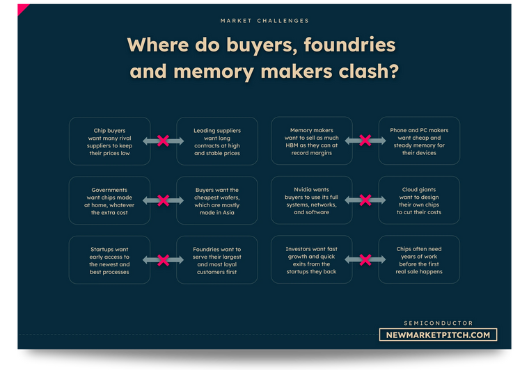 Where chip buyers, foundries, memory makers, governments and startups want opposite things